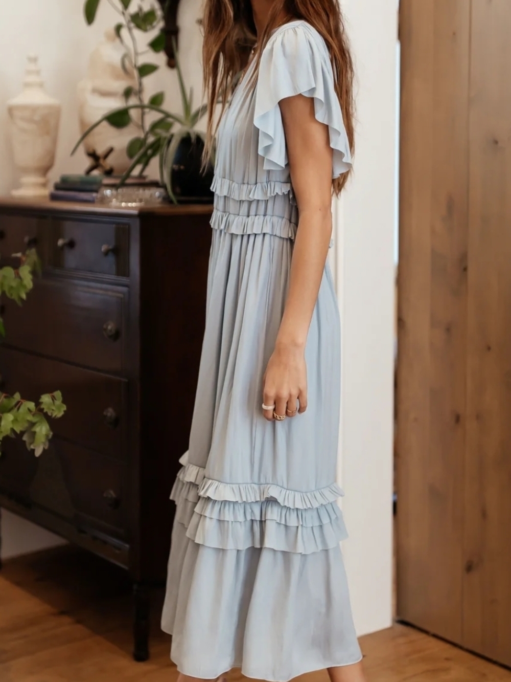 Light Blue Ruffled Midi Dress - Women